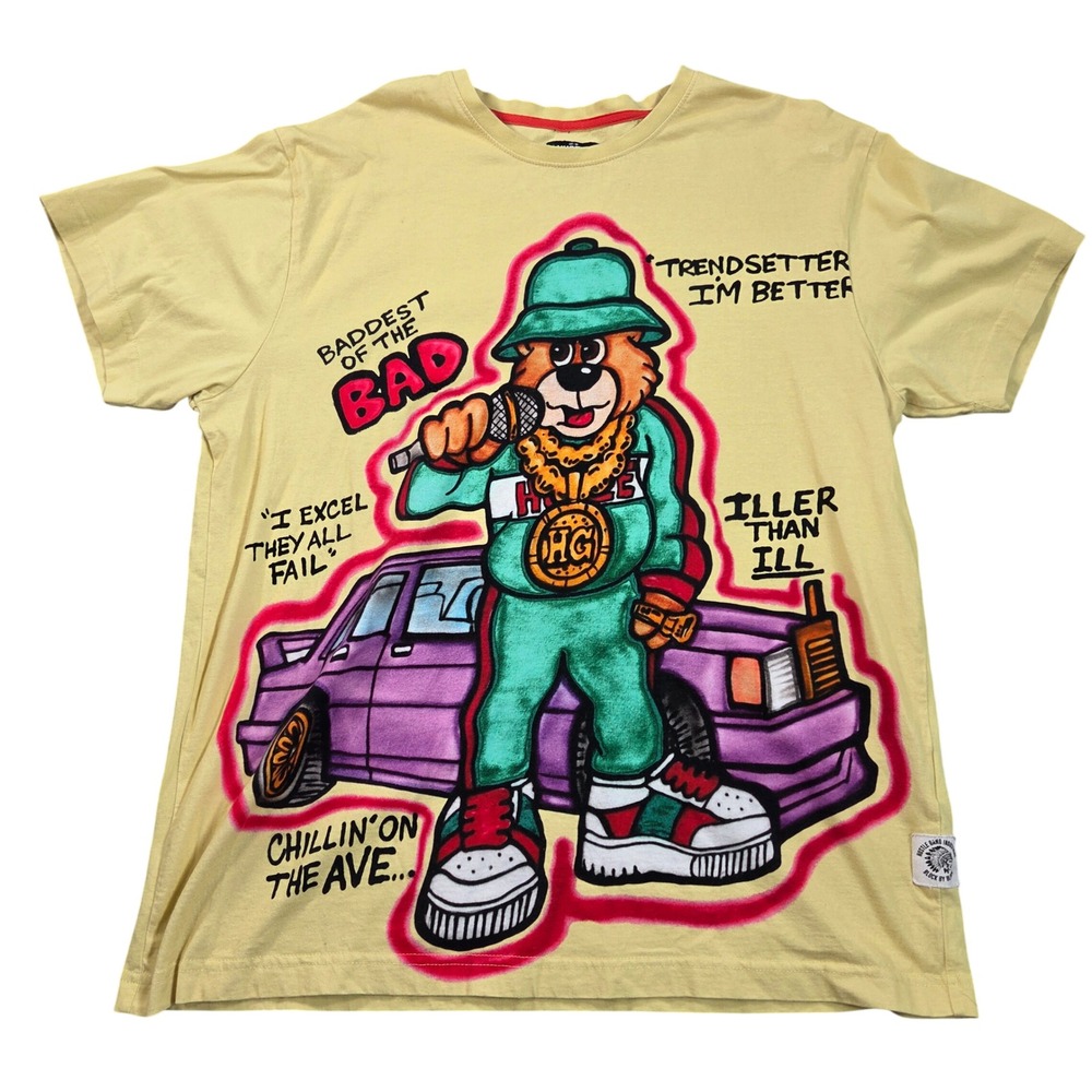 Hustle Gang Mens Graphic T-Shirt 2XL Yellow Hip Hop Bear Streetwear
